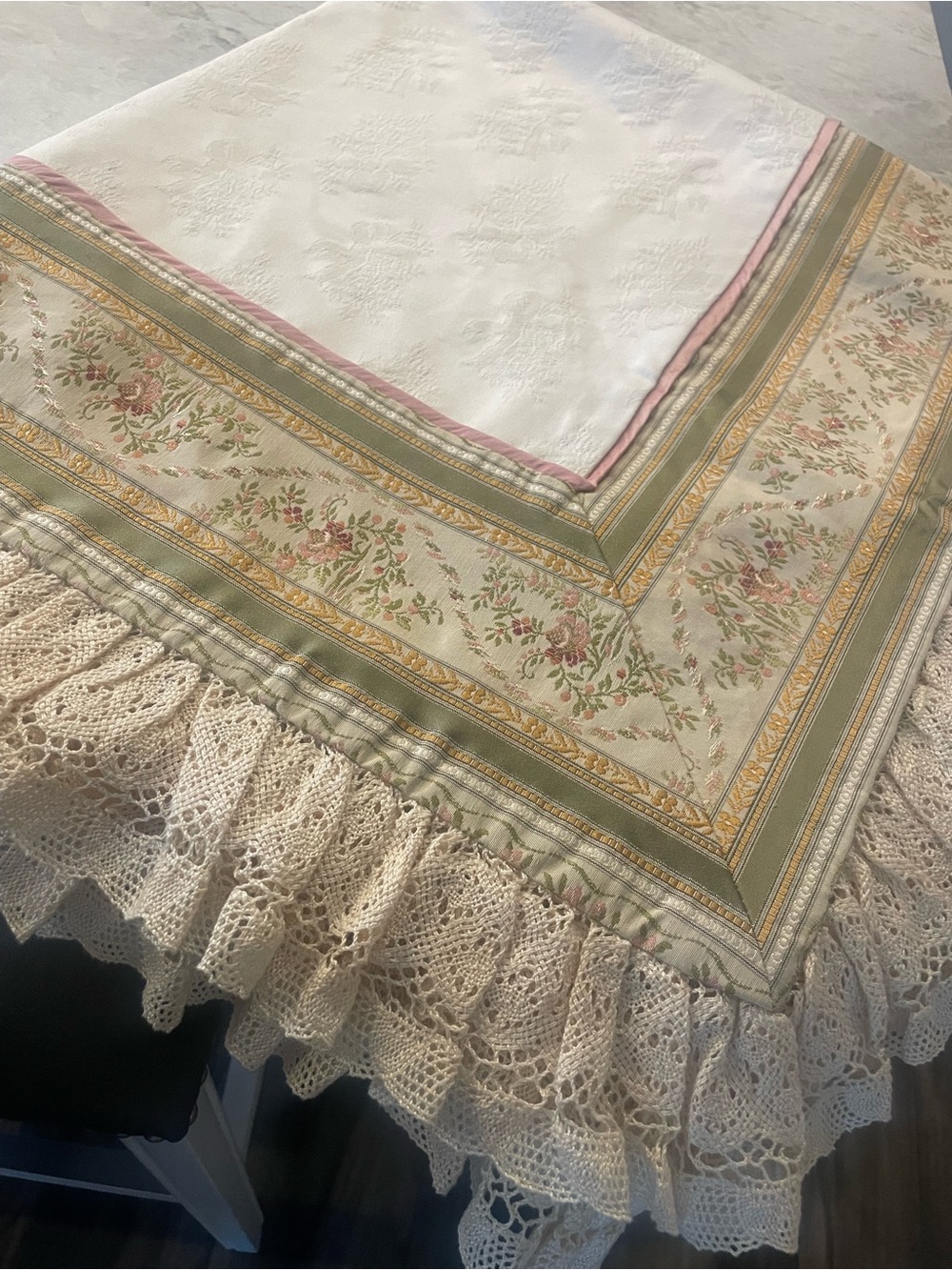“My Baby” Vintage-Inspired Cream with Green & Pink Floral Border Throw. 48” sq